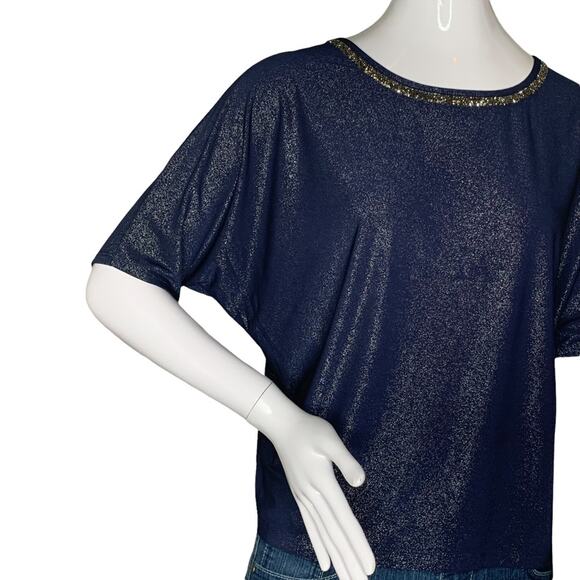 PerSeption Concept blouse shine blue short sleeve pullover size S - Picture 3 of 8